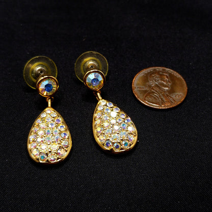 Vintage Swarovski Swan Logo Earrings – Aurora Borealis Crystal Teardrop Dangles