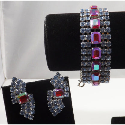 Vintage Rhinestone Bracelet Earring Set, Red Aurora Borealis Emerald Cut