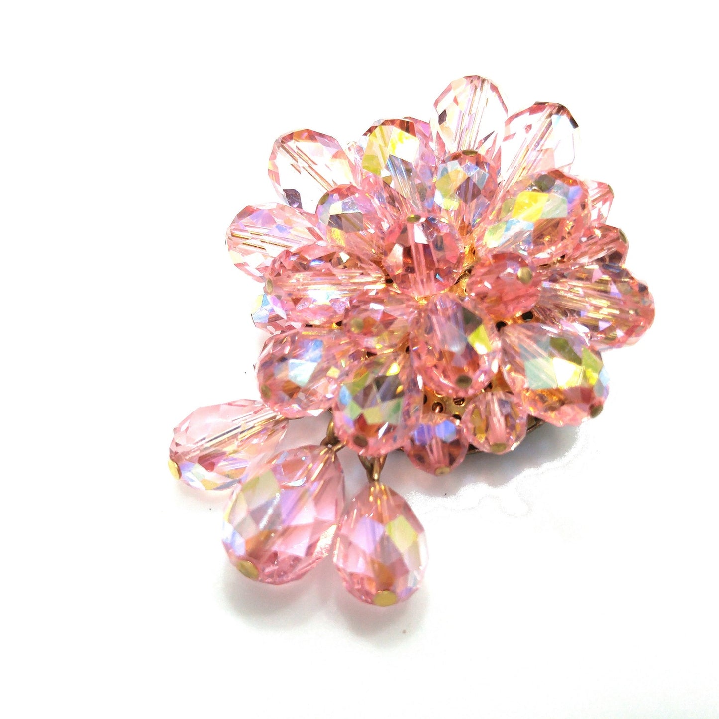 Pink Aurora Borealis Beaded Brooch, Three Bead Dangles, 1960s Vintage Jewelry