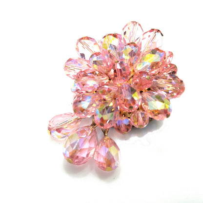 Pink Aurora Borealis Beaded Brooch, Three Bead Dangles, 1960s Vintage Jewelry