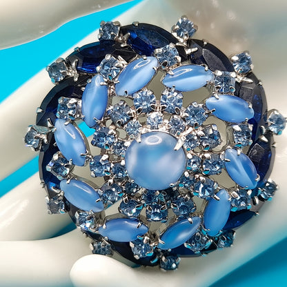 Vintage Blue Domed Rhinestone Brooch Light & Dark Blue Cabochon 1960s