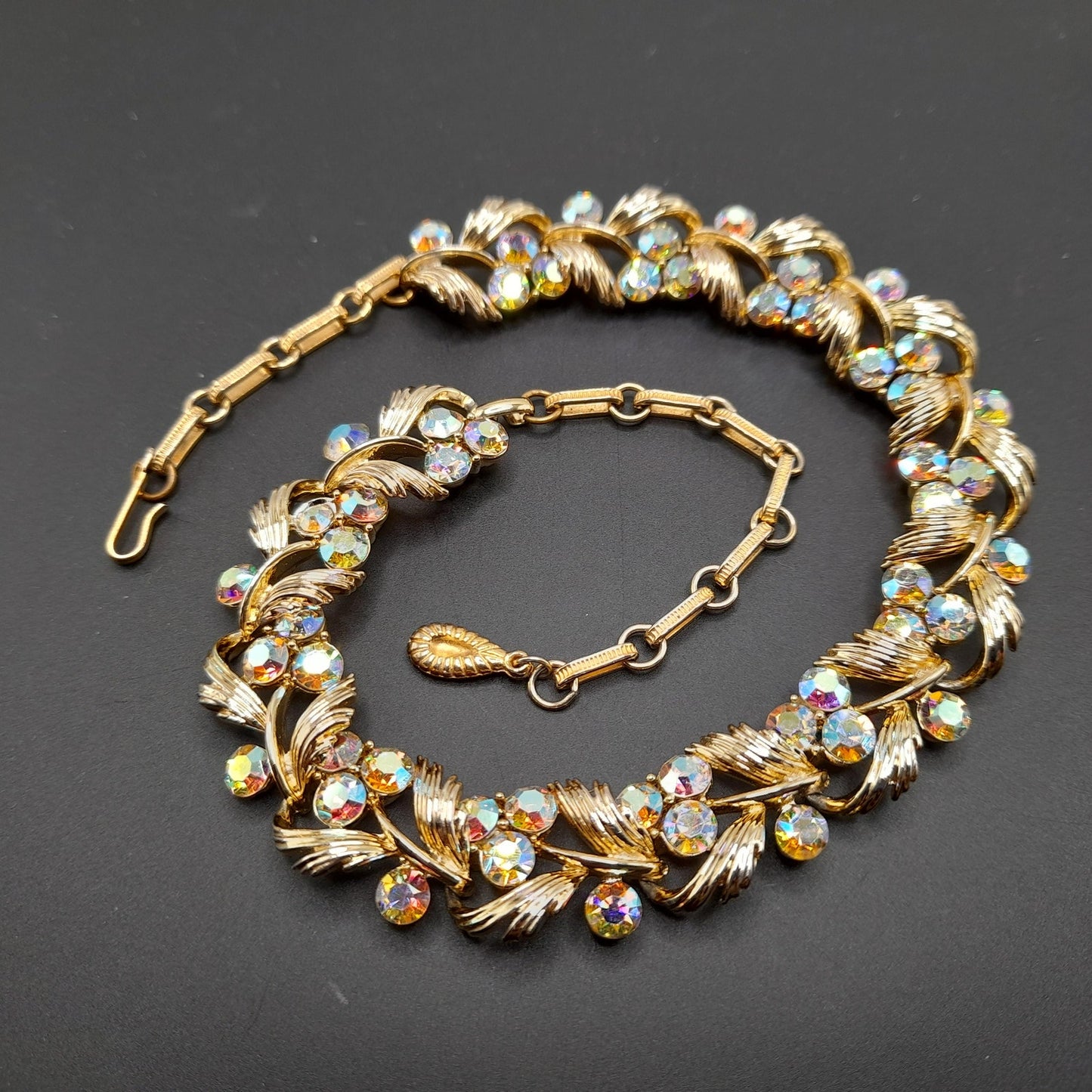 Vintage Lisner Aurora Borealis Rhinestone Choker Necklace, Gold Tone, 1950s