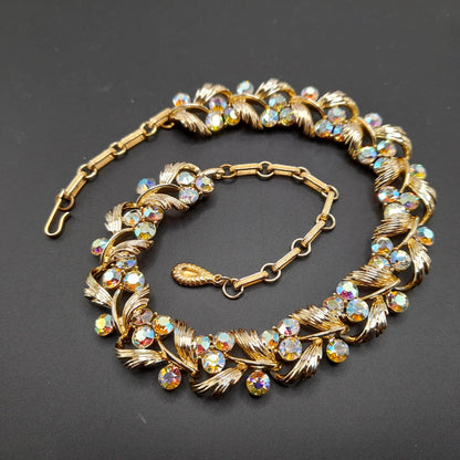 Vintage Lisner Aurora Borealis Rhinestone Choker Necklace, Gold Tone, 1950s