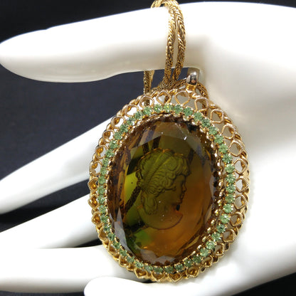 Warner Cameo Intaglio Pendant Necklace, Peridot Rhinestones, 5 Uranium Glass, 1960s Vintage Jewelry