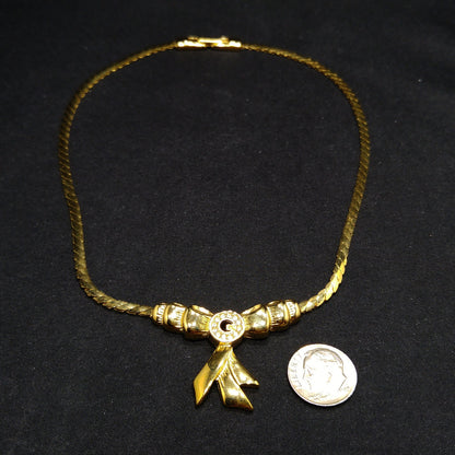 Givenchy Bow Pendant Necklace, Gold Plated, 1980s Vintage Jewelry
