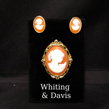Whiting & Davis Cameo Brooch Post Earrings Set, Lucite Jewelry, 1970s Vintage