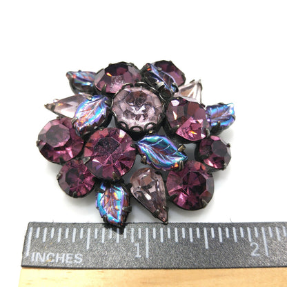 Regency Purple Lavender Floral Brooch, Art Glass Iridescent Leaves, 1950s Vintage Jewelry