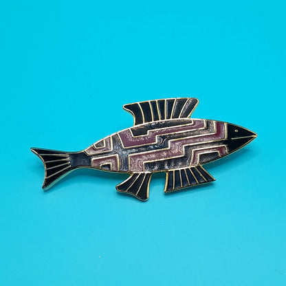 Vintage Laurel Burch "FISH" Brooch, Gold Plated, Black Brown Enamel, 1980s