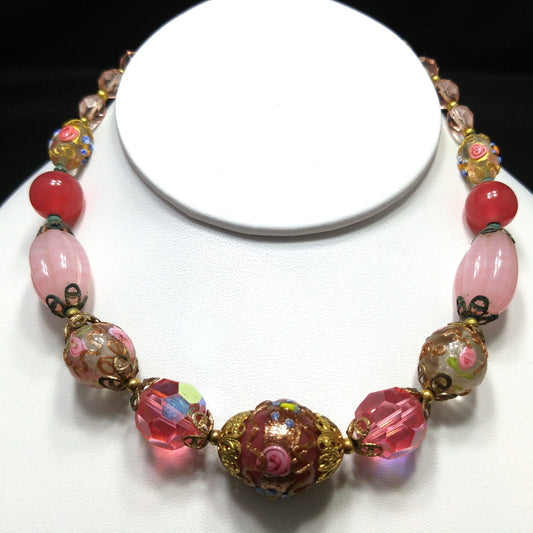 Wedding Cake Pink Choker Necklace, Crystal & Molded Beads, 1940s Vintage Jewelry