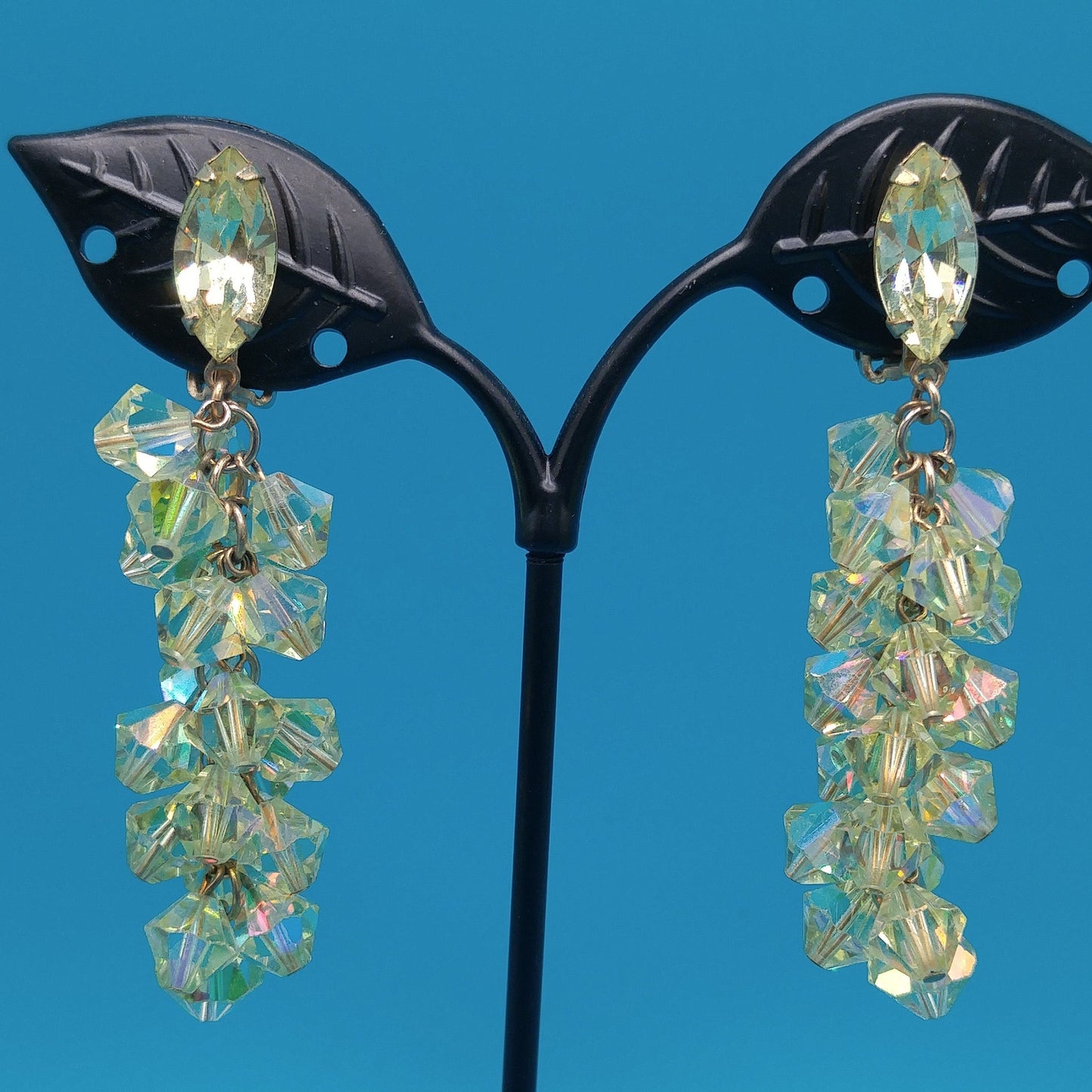 Lewis Segal Yellow Drop Clip Earrings, Aurora Borealis, 1960s Vintage Jewelry