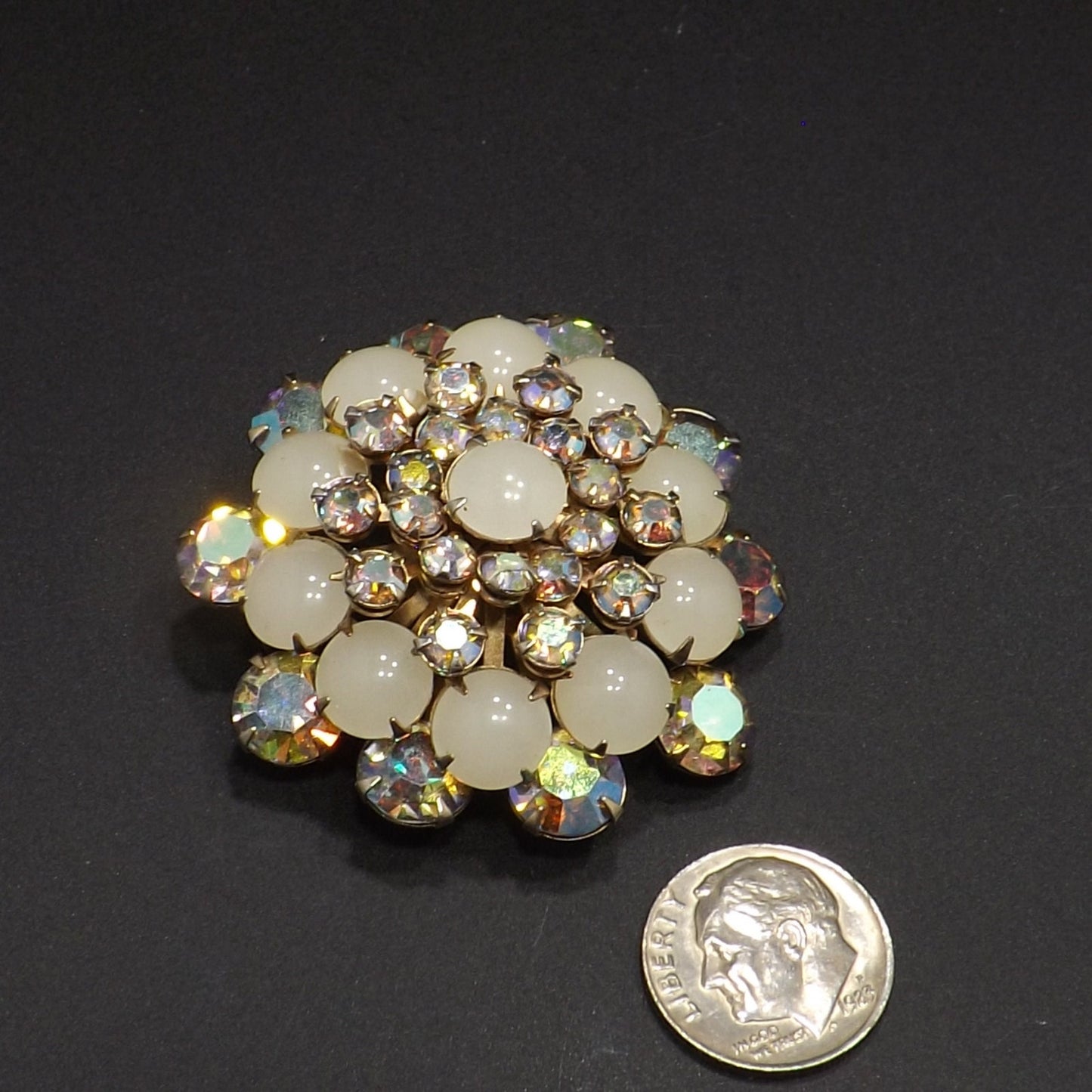 Aurora Borealis Domed Floral Brooch, Riveted Construction, 1950s Vintage Jewelry