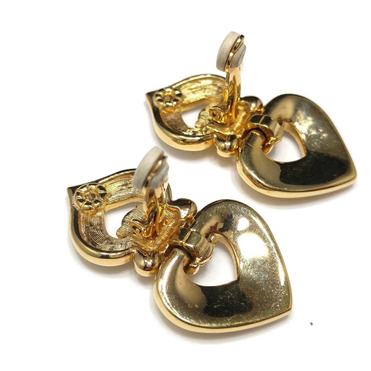 Swarovski Swan Logo Gold Plated Heart Drop Clip Earrings Clear Pave Crystals 90s