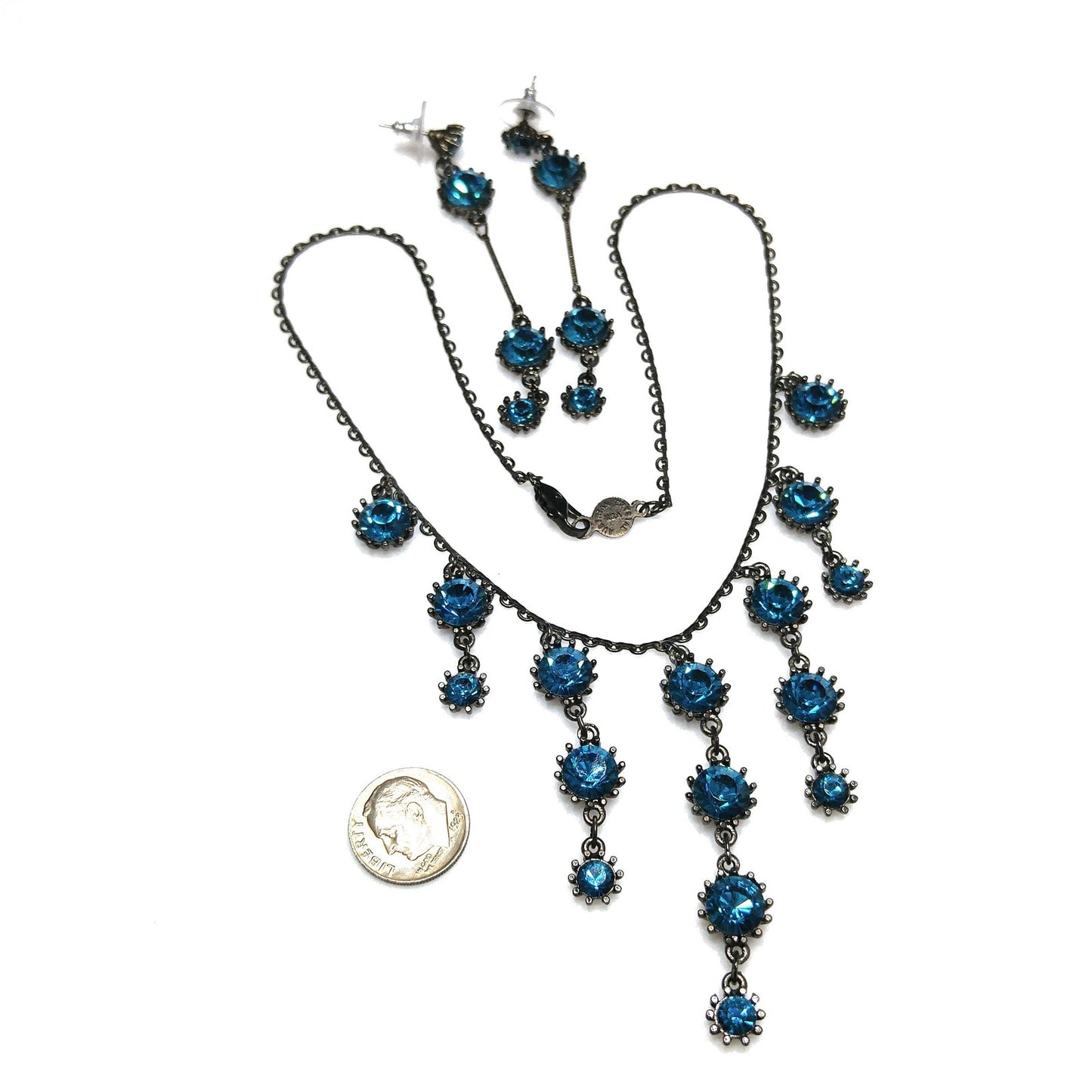 Austrian Crystal Turquoise Necklace Earrings Set, Long Post Earrings, Vintage Jewelry