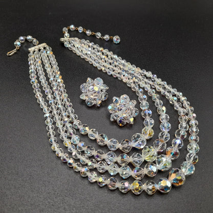 Clear Aurora Borealis Crystal Necklace Earrings Set, Four Strands, Clip Earrings, 1950s Vintage Jewelry
