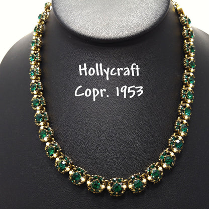 Hollycraft Emerald Green Rhinestones Necklace, Faux Pearls, Gold Plated, 1950s