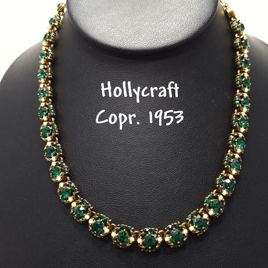 Hollycraft Emerald Green Rhinestones Necklace, Faux Pearls, Gold Plated, 1950s