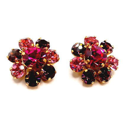 Vintage Made in Austria Pink Rhinestone Earrings Clip On Mid Century Jewelry