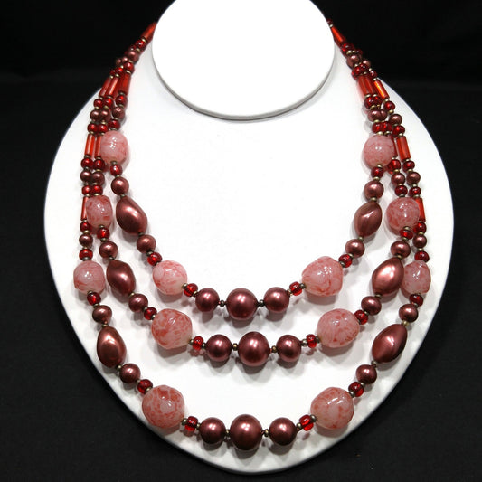 Vintage Art Glass Beaded Necklace, Three Strands, 1940s Vintage Jewelry