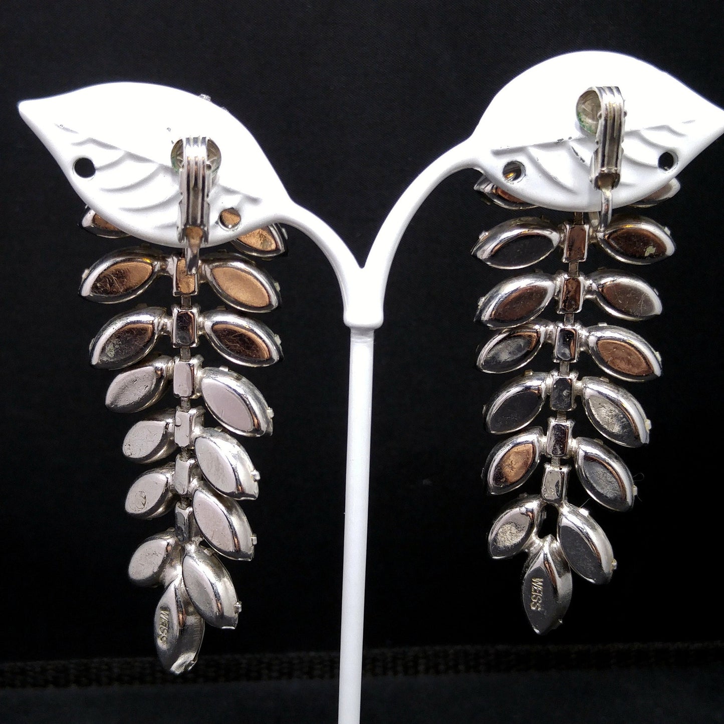 Weiss Clear Rhinestone Brooch and Long Dangle Earrings Set – 1950s Rhodium Plated