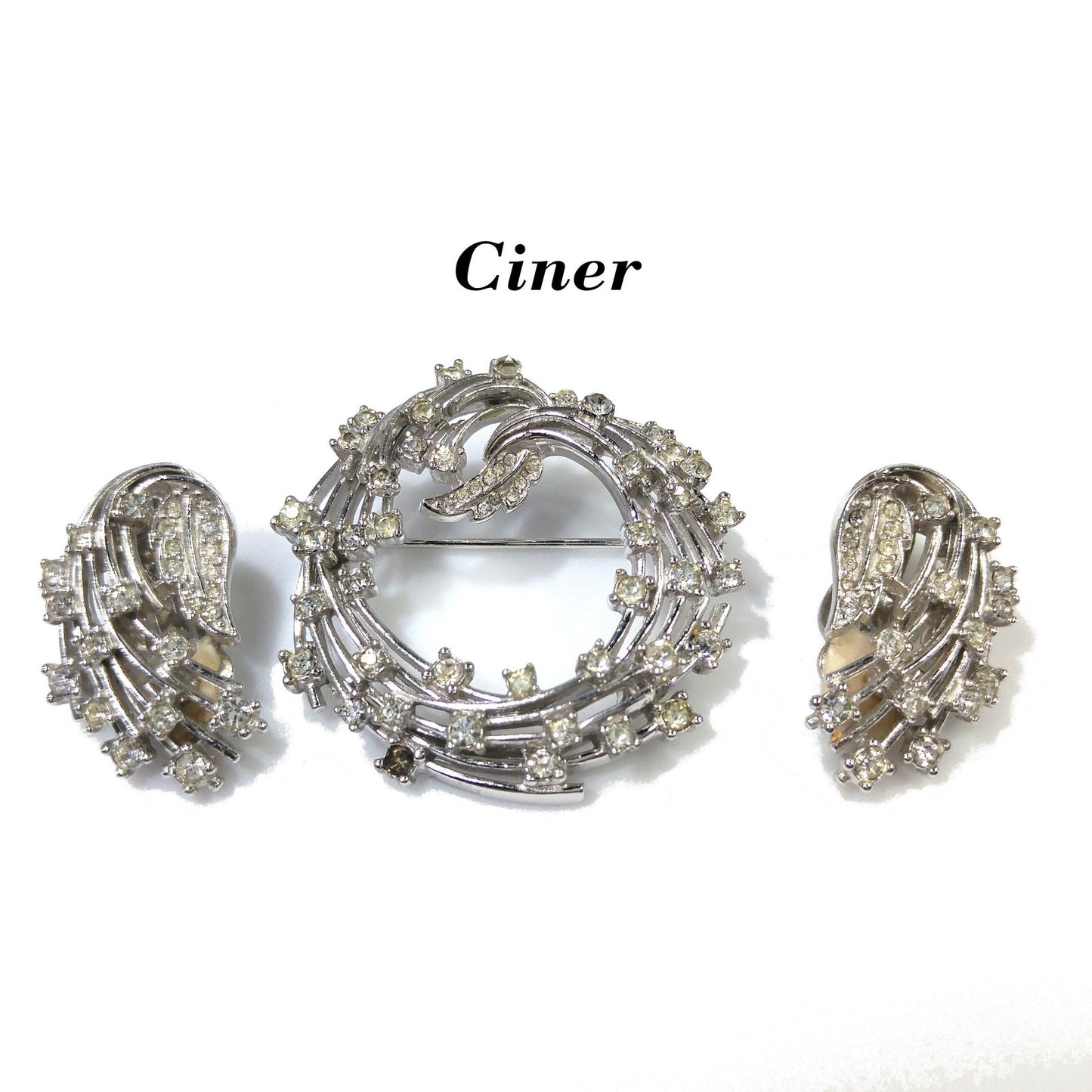 Ciner Clear Rhinestone Brooch & Earrings, Rhodium Plated, 1950s Vintage Jewelry