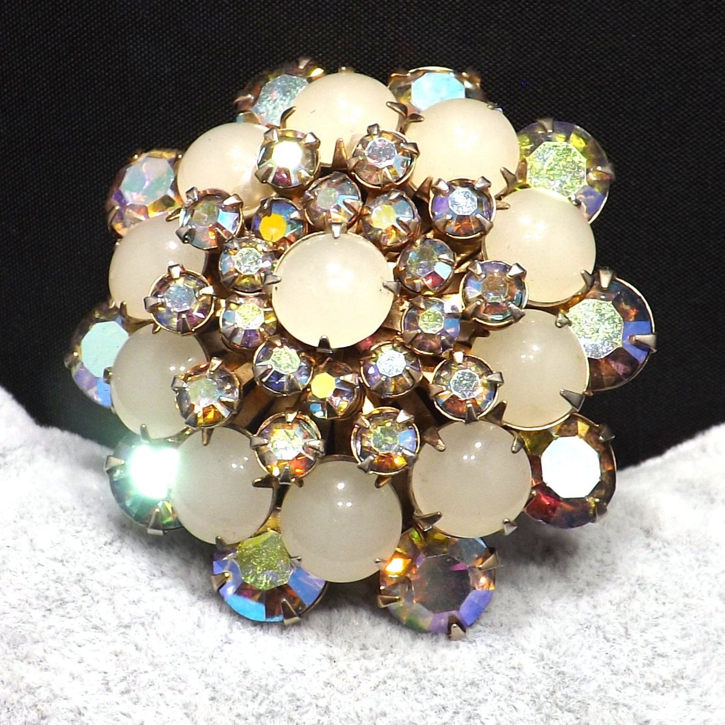 Aurora Borealis Domed Floral Brooch, Riveted Construction, 1950s Vintage Jewelry