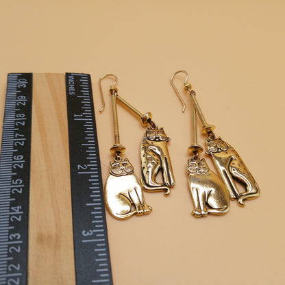 Laurel Burch Two Cats Dangle Earrings, Mystic Cat, Siamese Cat, 1980s Vintage Jewelry