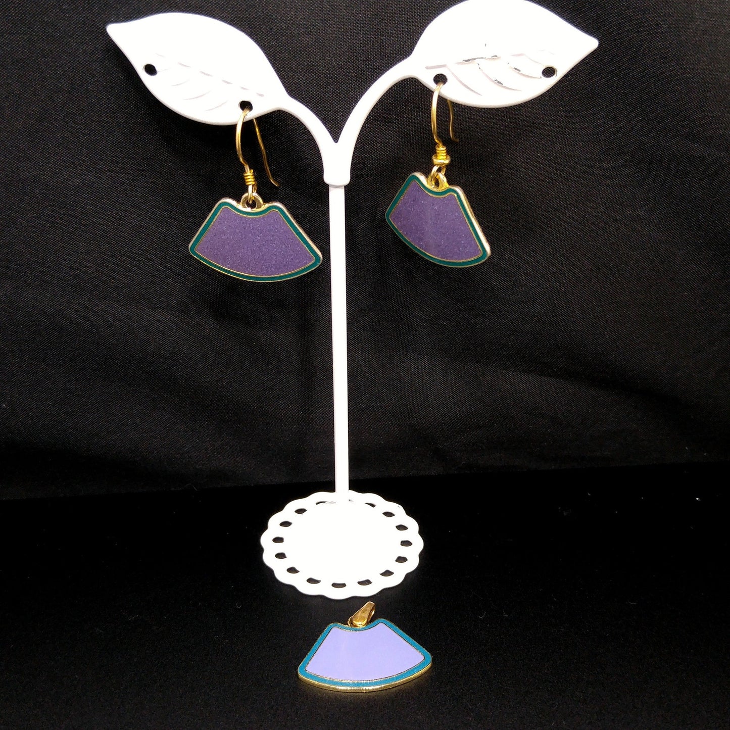 Laurel Burch Purple & Teal Earrings Pendant, Cloisonné Enamel, Gold Plated, 1980s Vintage Jewelry