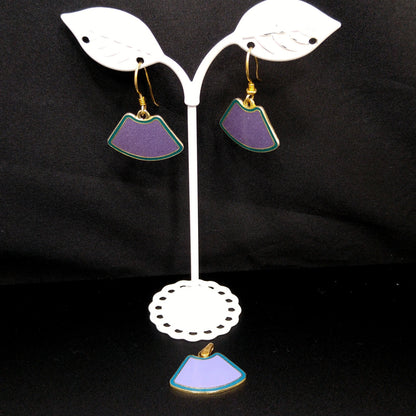 Laurel Burch Purple & Teal Earrings Pendant, Cloisonné Enamel, Gold Plated, 1980s Vintage Jewelry