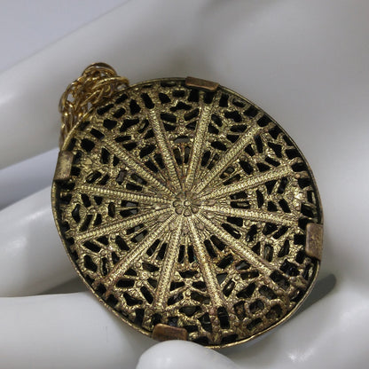 Antique 1920s Czech Emerald Green Glass Pendant Gold Filigree Necklace