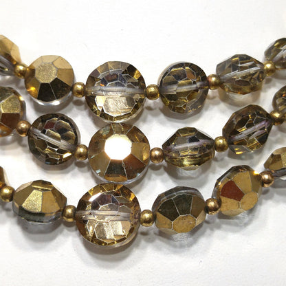 Mid-Century Gold Aspirin Crystal Bead Necklace, Three Strands, 1960s Vintage Jewelry