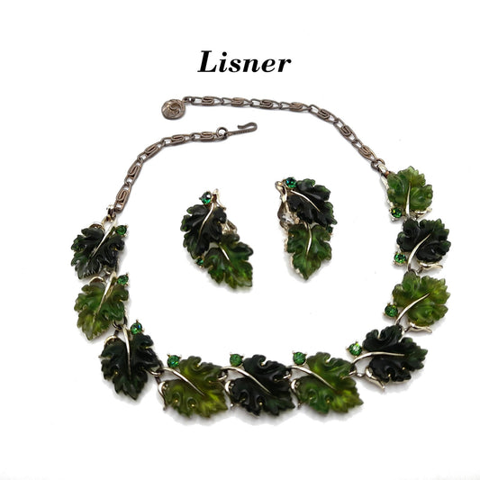 Vintage Lisner Rhinestone Lucite Necklace Earrings Set, Green Molded Leaves Jewelry, 1960s