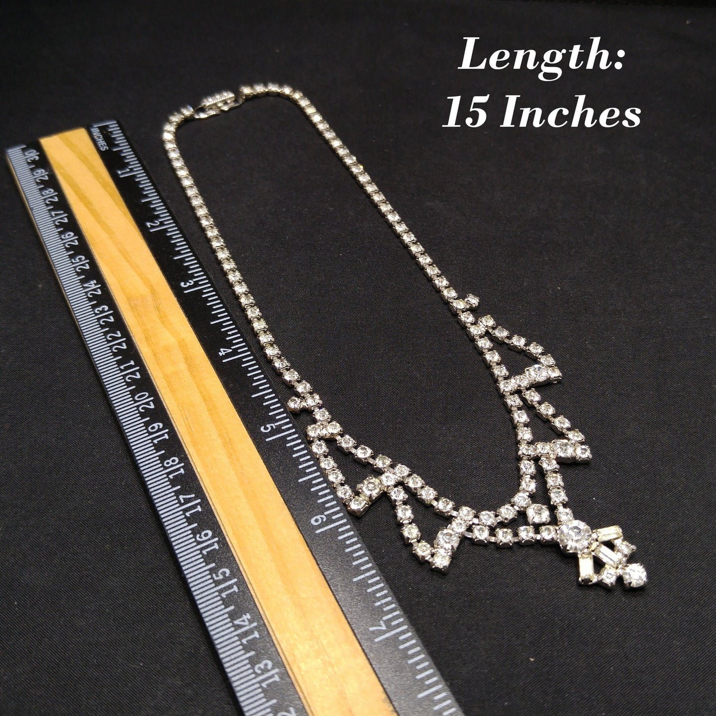 Vintage 1960s Clear Rhinestone Choker Necklace | Mid-Century Bridal Jewelry, Rhodium Plated, Baguette & Chaton Cuts