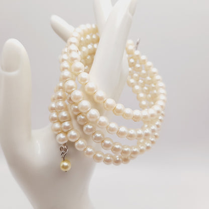 Vintage Faux Pearl Beaded Memory Wire Bracelet – 33 Inch Multi Row Wrap Bracelet