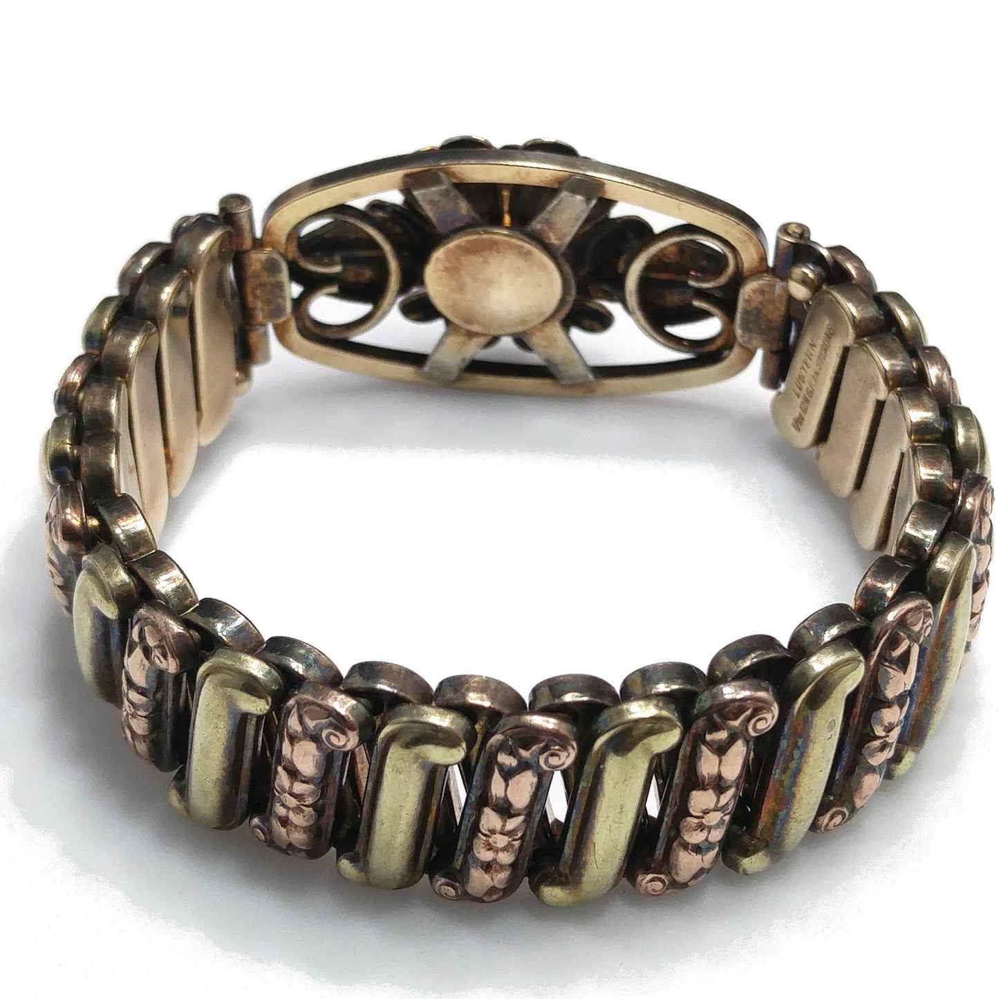 Antique Lustern Expansion Bracelet, 12KGF Sterling, Orange Rhinestone, 1920s Vintage Jewelry