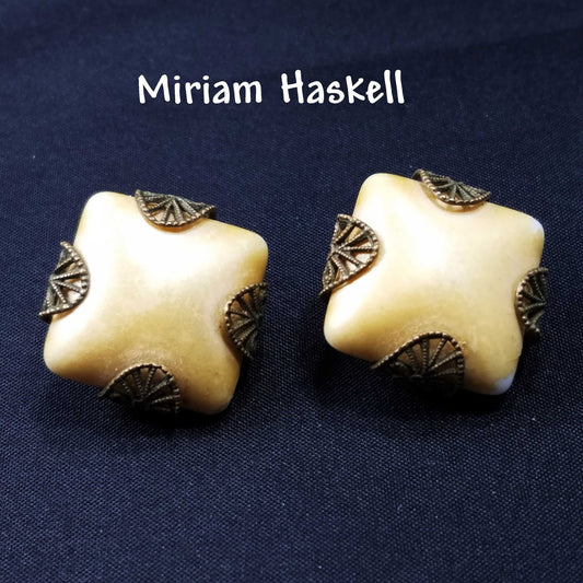 Miriam Haskell Clip Earrings, Gold Tone Pearl Cabochon, Filigree Brass, 1940s Vintage Jewelry