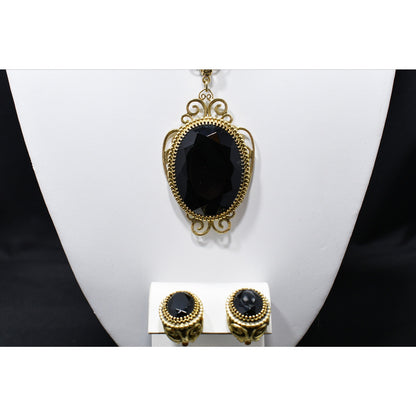 Whiting & Davis Victorian Black Gold Pendant Necklace Set, Clip Filigree Earrings, 1960s