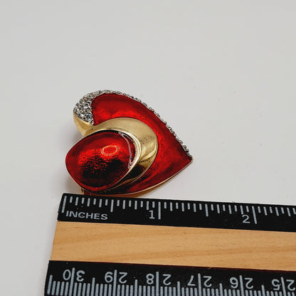 Vintage Red Enamel CZ Heart Brooch Christmas Pin 1.5 Inch European Style