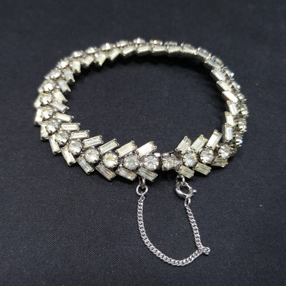 Weiss Clear Rhinestone Bracelet, Rhodium Plating, Safety Chain, 1940s Weiss