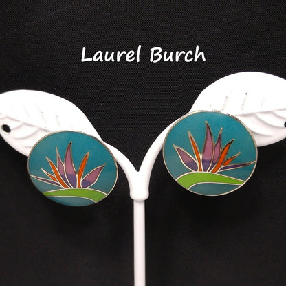 Vintage Laurel Burch Bird of Paradise Post Earrings, Silver Tone Cloisonné