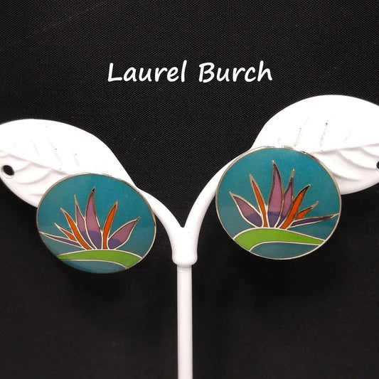 Vintage Laurel Burch Bird of Paradise Post Earrings, Silver Tone Cloisonné