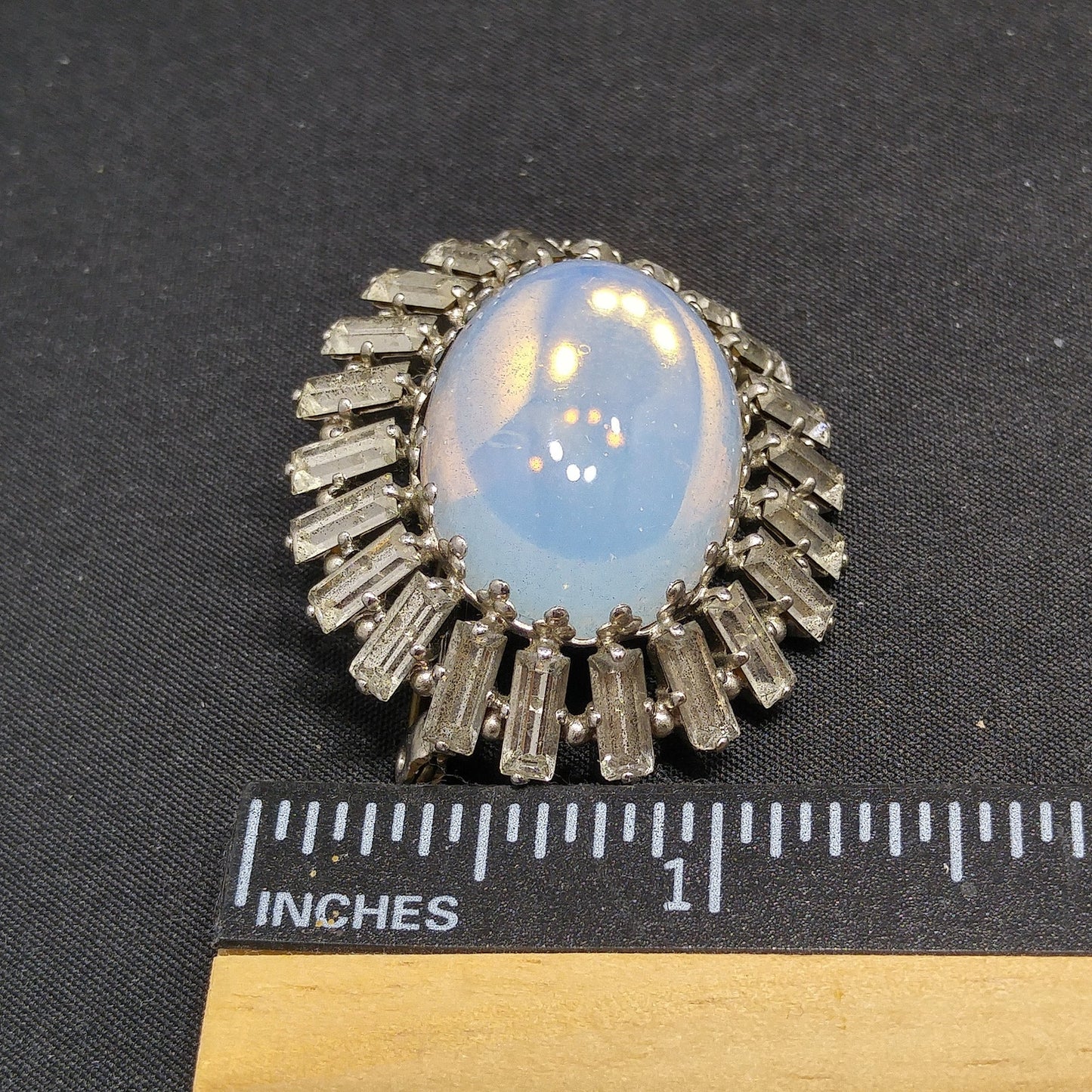 West Germany Faux Moonstone Brooch, Clear Baguettes, 1950s Vintage Jewelry