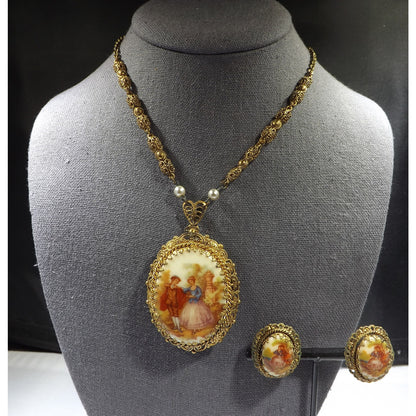 Vintage 1950s West Germany Courting Couple Cameo Pendant Brooch Earrings Set