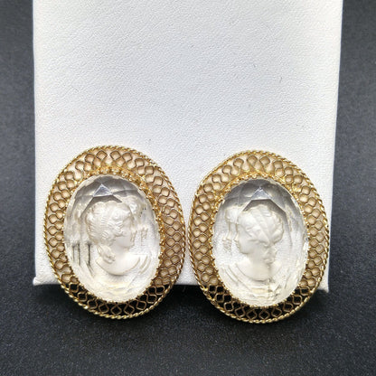 Whiting & Davis Cameo Intaglio Clip Earrings, Gold Plated, 1960s Vintage Jewelry