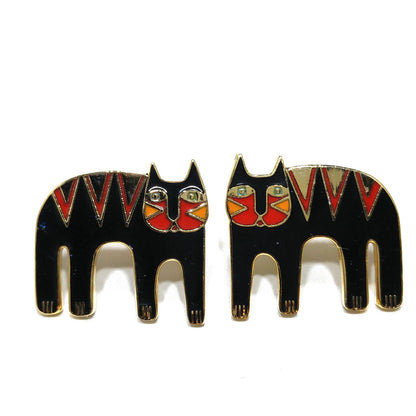 Vintage Laurel Burch Black Cat Post Earrings, Black Red Enamel, Gold Plated