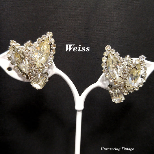 Weiss Clear Rhinestone Floral Earrings, Rhodium Plated, 1950s Vintage Jewelry