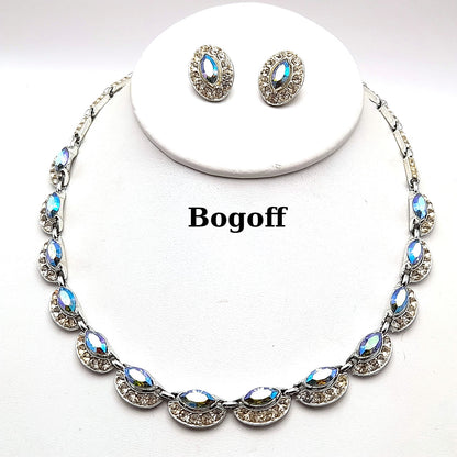 Bogoff Blue Rhinestone Rhodium Plated Choker Necklace Clip Earrings Set