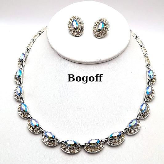 Bogoff Blue Rhinestone Rhodium Plated Choker Necklace Clip Earrings Set