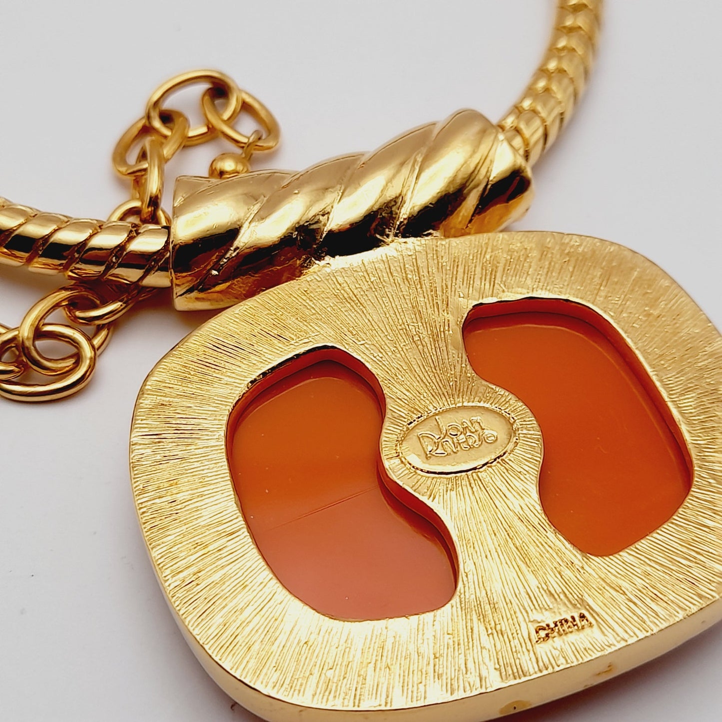 Vintage Joan Rivers Enamel Pendant Necklace & Hoop Earrings Set – Orange Lucite, 1990s Statement Jewelry