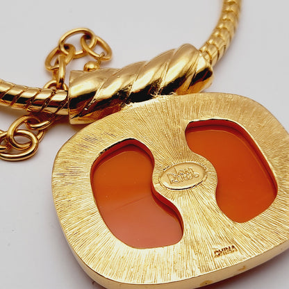 Vintage Joan Rivers Enamel Pendant Necklace & Hoop Earrings Set – Orange Lucite, 1990s Statement Jewelry