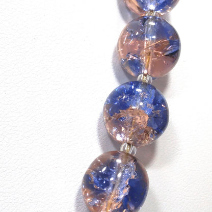 Blue Pink Crackle Glass Beaded Necklace, Filigree Brass Clasp, 1950s Vintage Jewelry